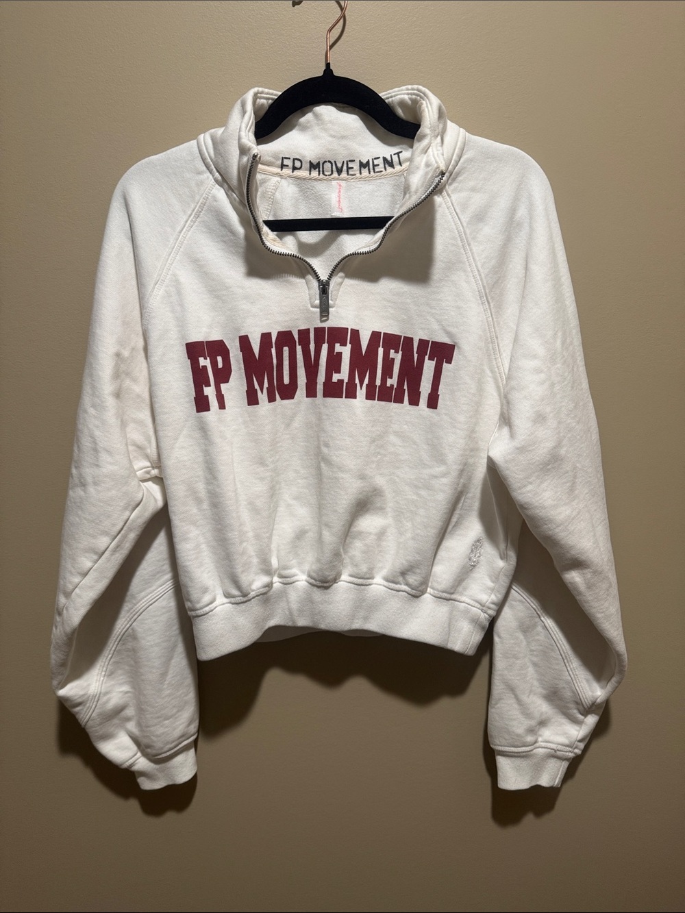 FP Movement White Half-Zip Sweatshirt with Maroon Logo, Size Small. Like new!